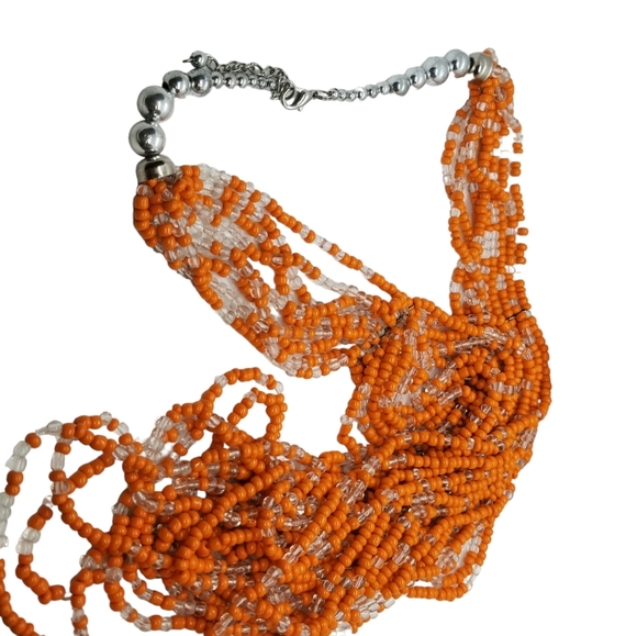VINTAGE LONG LAYERED ORANGE SEED BEAD BOHO NECKLACE - Picture 3 of 5